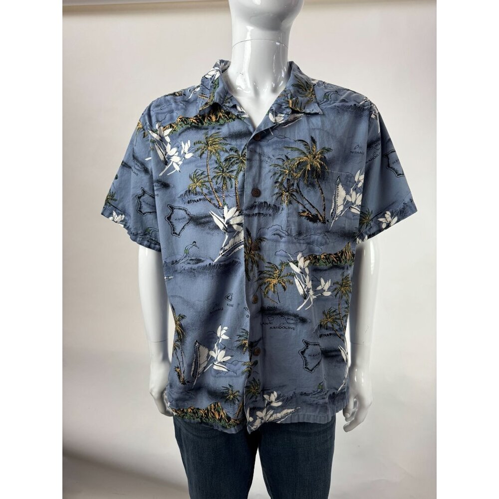 Palmwave Mens Vintage Hawaiian Shirt Blue Map Print Short Sleeve Button-Up Large
